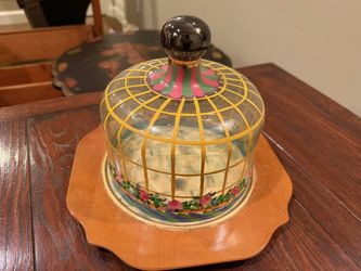 Mackenzie and Childs (Retired) HandPainted Glass Cheese or Food Dome retired vintage MacKenzie-Childs hand-painted glass cheese or food dome with a wo