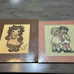 Pair Of 1980s Art Deco Style Art Crayon And Pastel On Paper Childs Room Decor