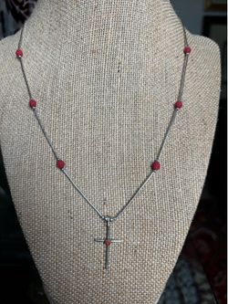 Vintage Sterling Silver and Coral Chain and Cross. 10.5” long. Available in Coral Gables. Cash