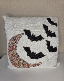 Noir Night Halloween Beaded Bat Moon Throw Pillow White Multi Color Accent 12x12