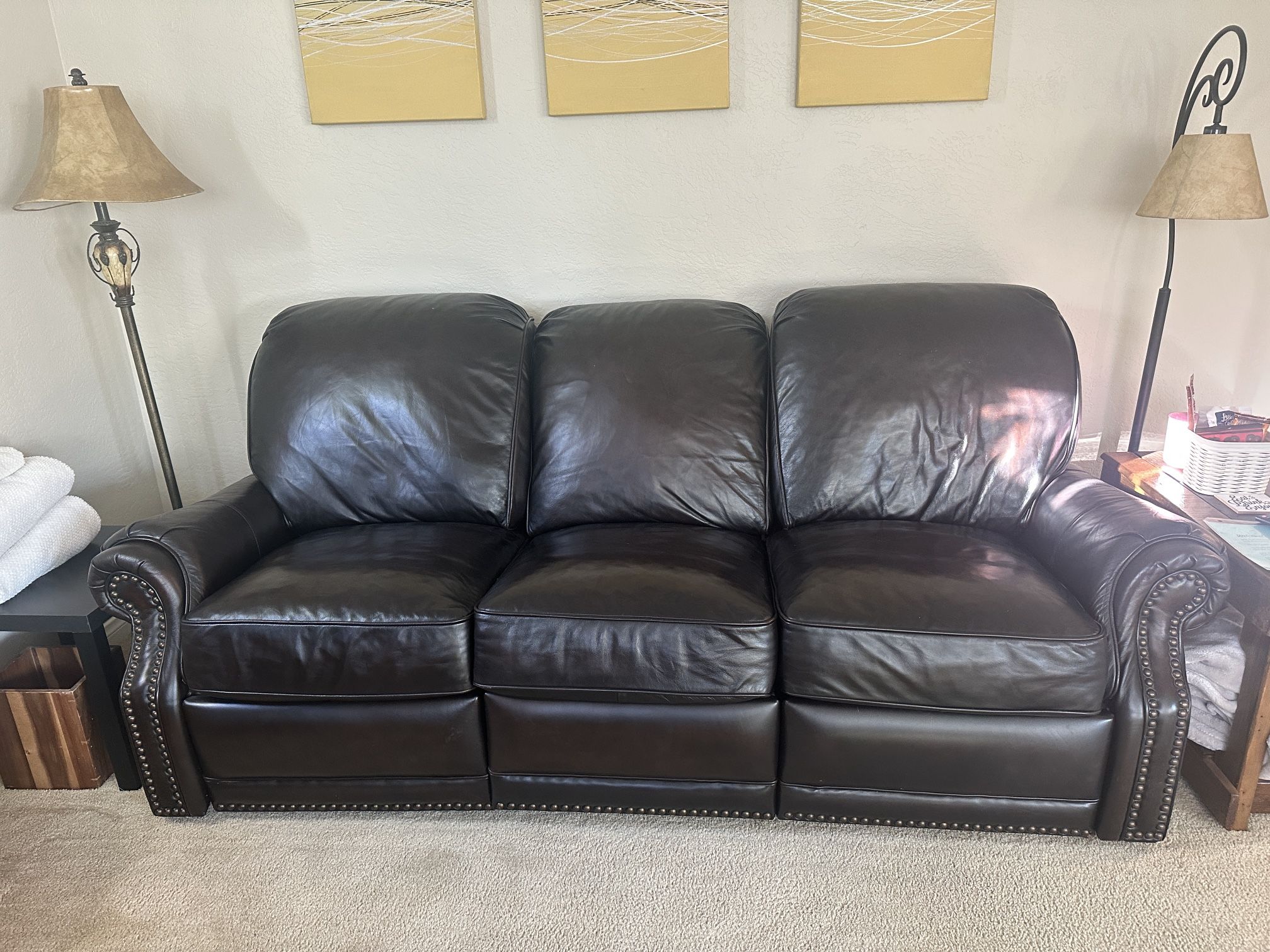 Brown Leather Couch With Dual-Power Reclining