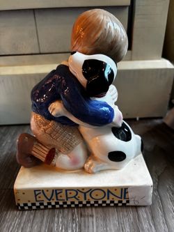 Mary englebreit piggy bank Ceramic Boy Hugging Dog Figurine