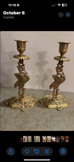 Antique Crane Brass Candlesticks- a Pair