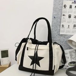 Star Pattern Drawstring Crossbody Bag, Nylon Textured Bag, Classic Fashion Versatile Shoulder Bag