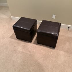 2 Brown Leather Storage Ottomans