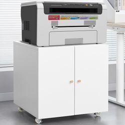 Metal Mobile Printer Stand with Storage and Adjustable Shelf – White Cabinet on Wheels