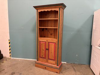 Natural Finish Folk Art Painted 3 Tier Bookcase with Bottom Cabinet