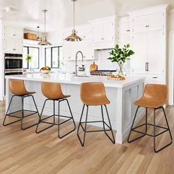 360° Swivel Bar Stool Whisky Brown Faux Leather Seat Metal Frame Bar Stools with Footrest (Set of 4)