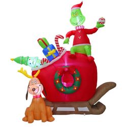 6 FT Inflatable Christmas Decorations - Green Monster and Dog Max on Sleigh with LED Lights Blow Up Yard Decorations Outdoor Lawn Garden Christmas Inf