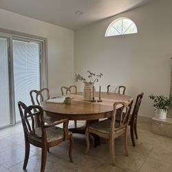 Antique Tiger Oak Kitchen Dining Table Set With 7 Chairs French Farmhouse English Cottage  