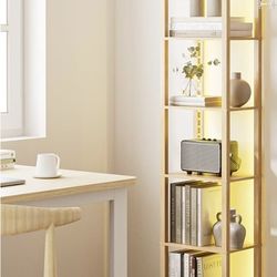 6 Tier Tall Bookshelf, Freestanding Shelf Narrow Bookcase with Open Shelves LED LIGHTS OAK