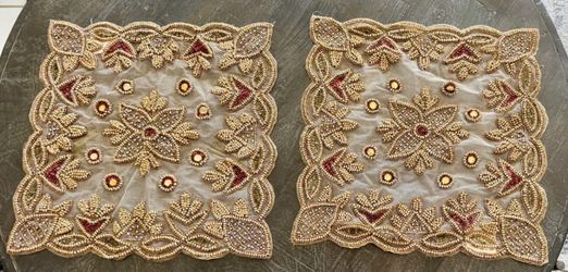 Set of 2 Vintage Luxury Hand-Beaded Gold & Maroon Placemats / Doilies