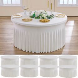 8 pk Ivory Round Spandex Tablecloths 60 inch with Ruffled Skirt,Wrinkle Free High-Stretch 120 inch Fitted 5ft Cream Table Cloth Round Spandex Table Co