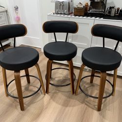 26'' Swivel Bar Stools Set of 3, Upholstered Faux Leather. Black