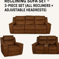Reclining Sofa Set – 3-Piece Set (All Recliners + Adjustable Headrests) 
