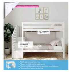 Wood Bunk Bed, Twin-Over-Twin, For Kids With Stairs, White INCLUDES MATTRESSES