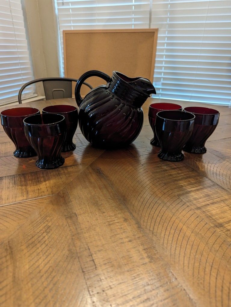 Vintage Tilt Ball Pitcher with 6 water glasses Depression glass swirl red glass ice catcher pitcher farmhouse collectible display

