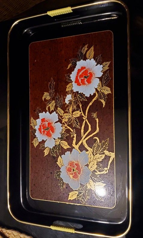 Lacquered Nesting Tray Black Red Floral Design Vintage Made in Japan