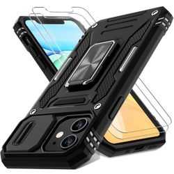 DEERLAMN Case for iPhone 11 with Slide Camera Cover+Screen Protector(2 Packs),Rotated Ring Kickstand Military Grade Shockproof Protective Cover-Black