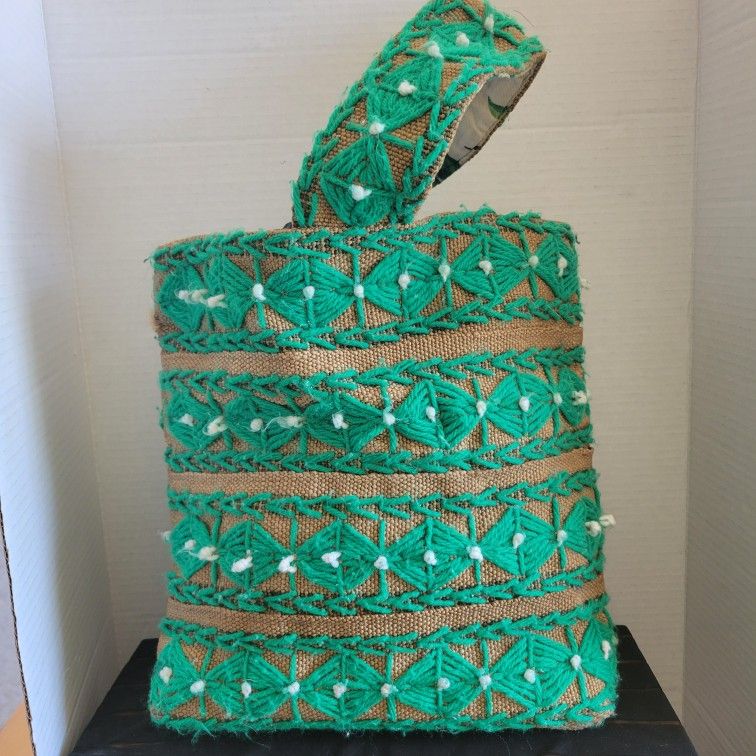 Vintage Handmade 1960s Burlap & Yarn Embroidered Tote Bag Green Pheasant Lining