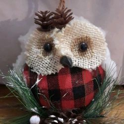 Christmas Primitive Owl Christmas Ornament  Burlap - Wool - Glass Eyes -5” Tall