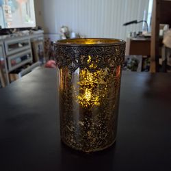Speckled Glass Tealight Holder With Scalloped Metal Design On Top 6"H X 4"W 