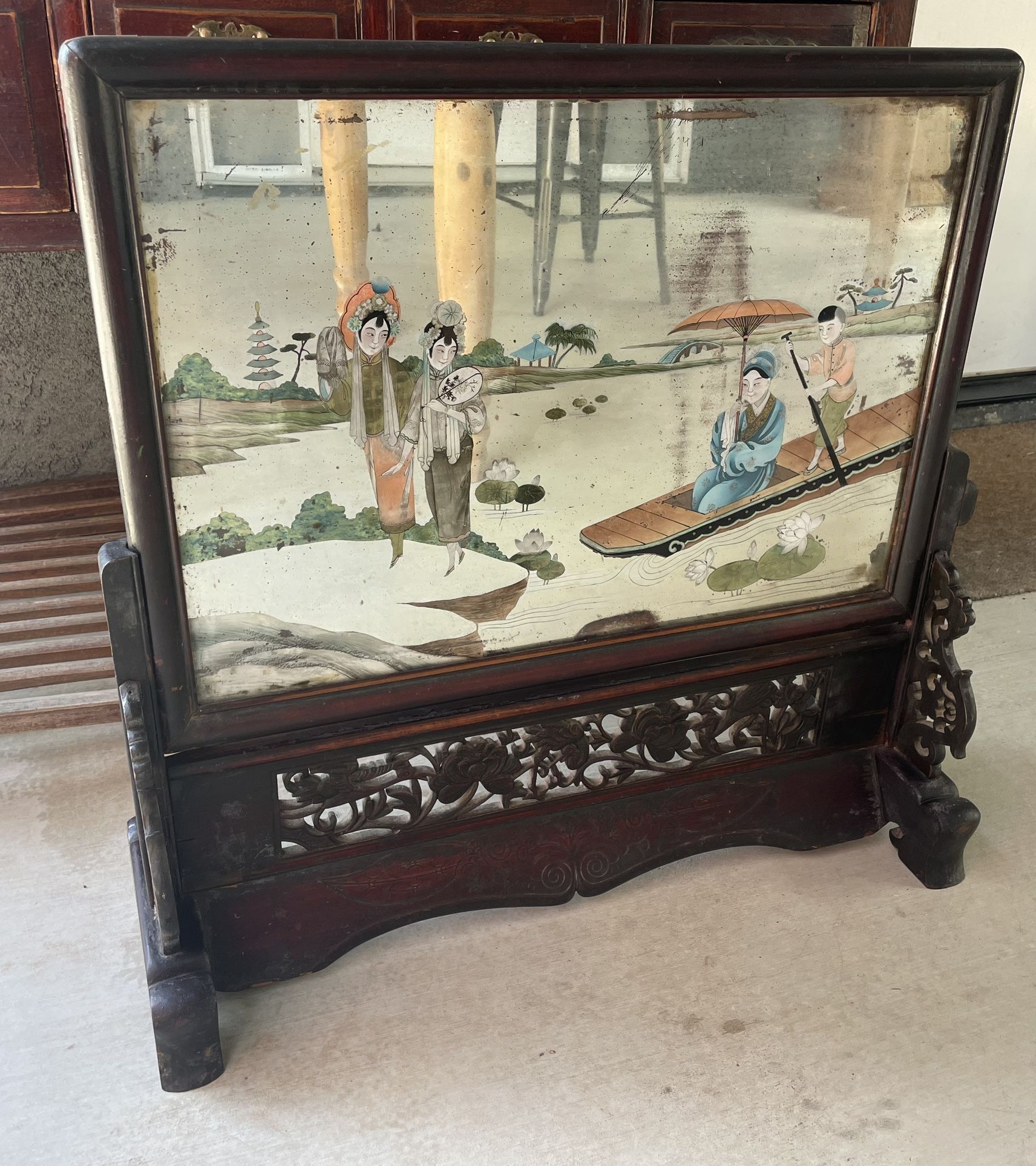 Antique Asian Reverse Painting On Glass Fire Screen