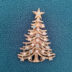 Vintage Christmas tree brooch Tancer II With Rhinestones And Faux Pearls