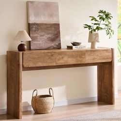 ES162 $140  63'' Console Table with 3 Drawers, Farmhouse Entryway Table with Rounded Corners, Console Table Behind Couch for Living Room/Hallway-Light
