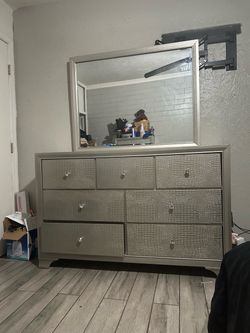 Silver Dresser with Mirror 7 Drawers