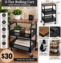 2-Tier Rolling Cart with Wood Tabletop