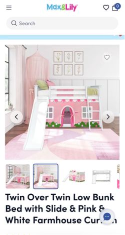 Twin Over Twin Low Bunk Bed with Slide & Pink & White Farmhouse Curtain