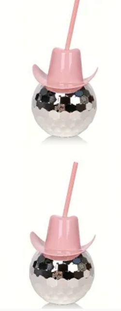 Party Disco Ball Cup with Pink Cowboy Hat Lid - Stylish Drink Holder