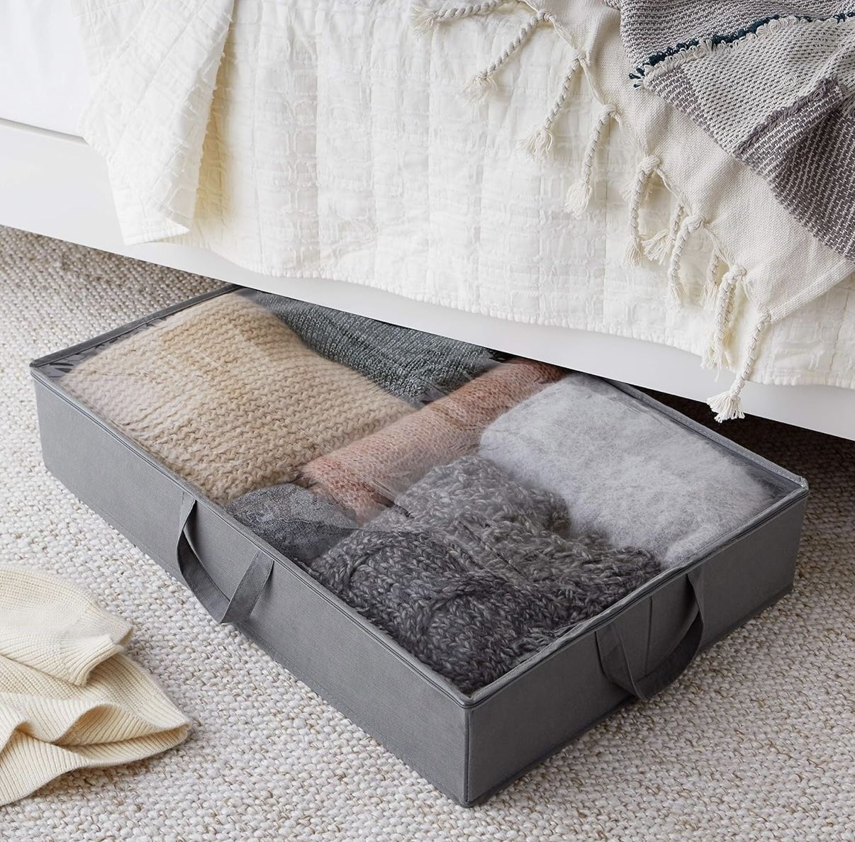 Brand new Bed Fabric Zipper Blanket Storage Container Bags with Window and Handles, 2-Pack, 18 x 42 x 6 inches, Gray