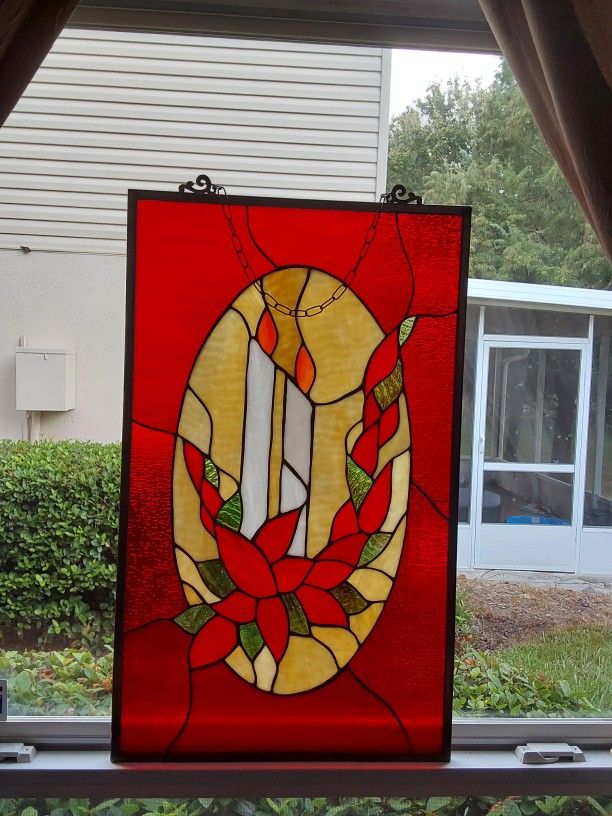 Large Leaded Stained Glass Hanging Christmas Window Suncatcher 23x14