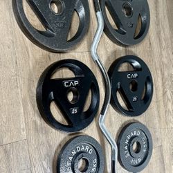  Olympic Equipment: Silver Curl Bar With Cooper Bearings & Weight Plates Pairs Of  35s, 25s And 10 Pounds   (Total: 160 lbs)