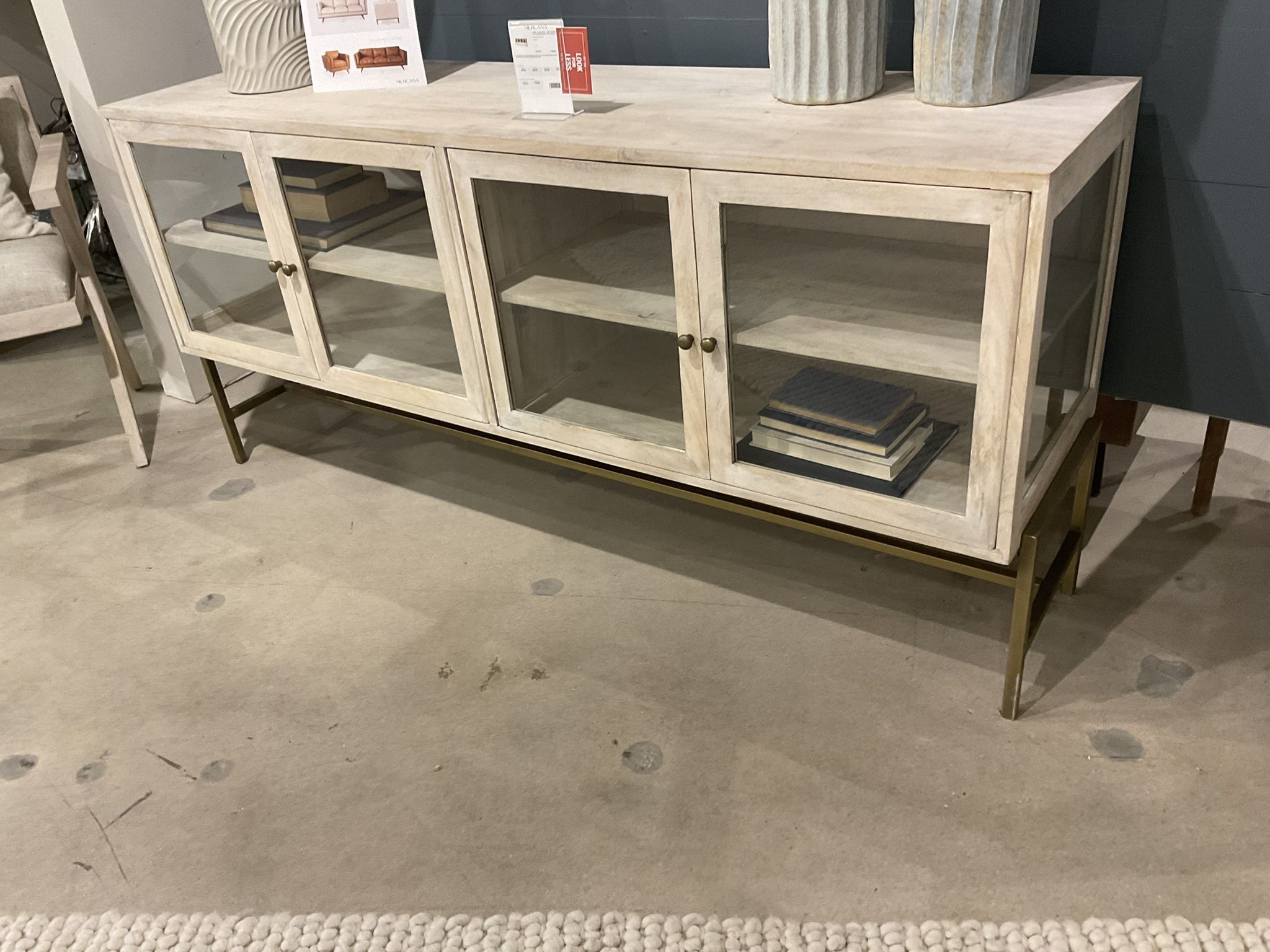 Arelius White Wood With Gold Metal Base 4 Door Glass Cabinet Sideboard