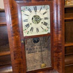 1840 Chauncey Jerome wood ogee antique clock. Works! 26 inches tall by 15 inches wide. Wonderful complete label. Appears to have been Restrung 