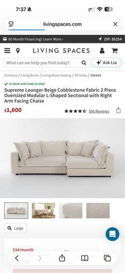 Living Spaces Supreme Lounger 2-Piece Sectional – $300
