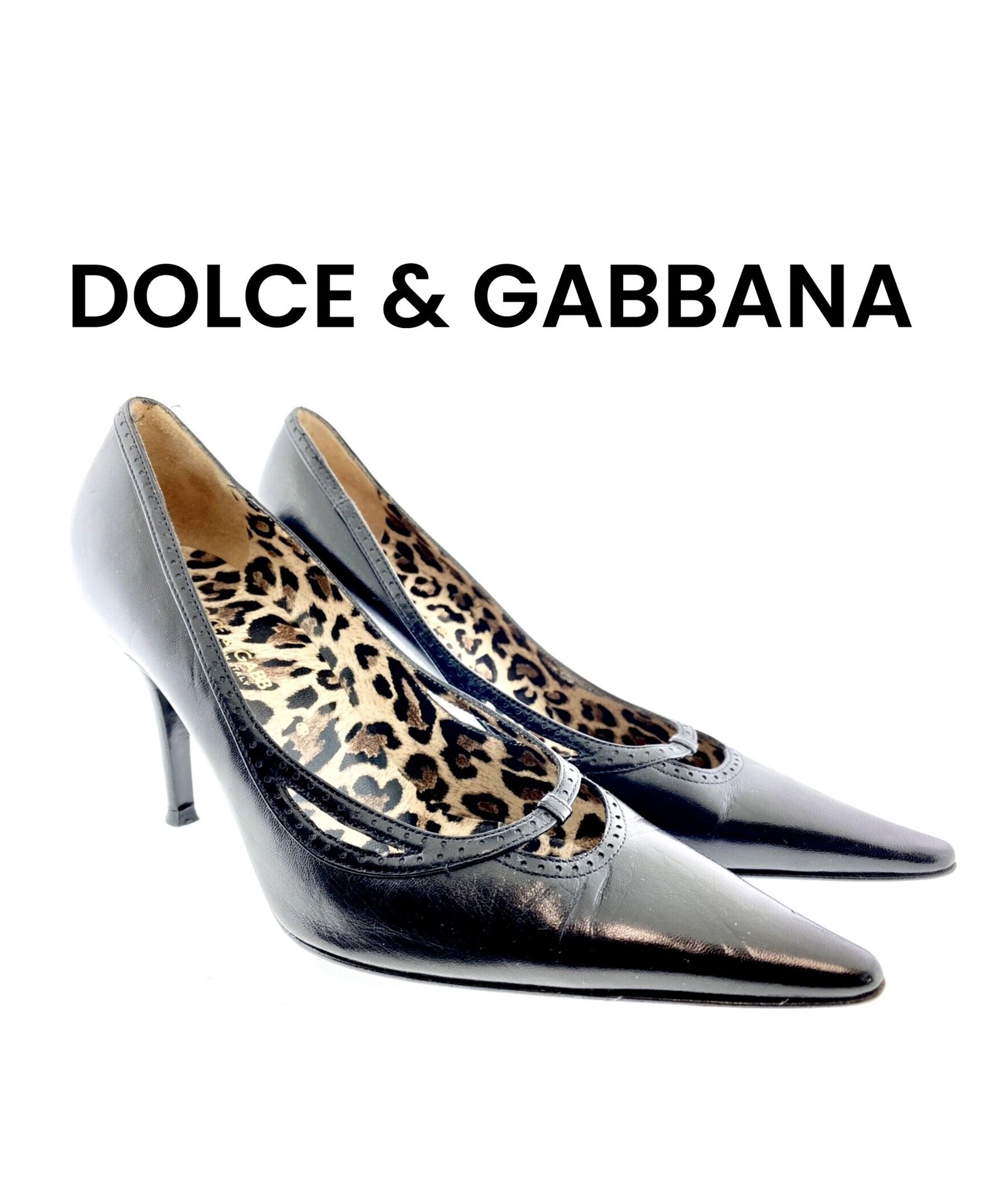 Dolce and Gabbana ITALY Black Leather Shoes Heels Womens Leopard print insole 6.5 US, 37.5 EU We have Gucci Louis Vuitton Versace Rolex Chanel Gold Di