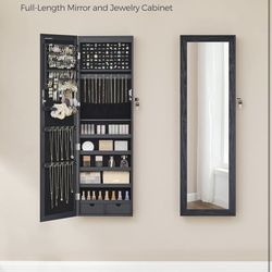 6 LEDs Mirror Jewelry Tall Lockable Wall or Door Mounted Jewelry Armoire Organizer with Mirror