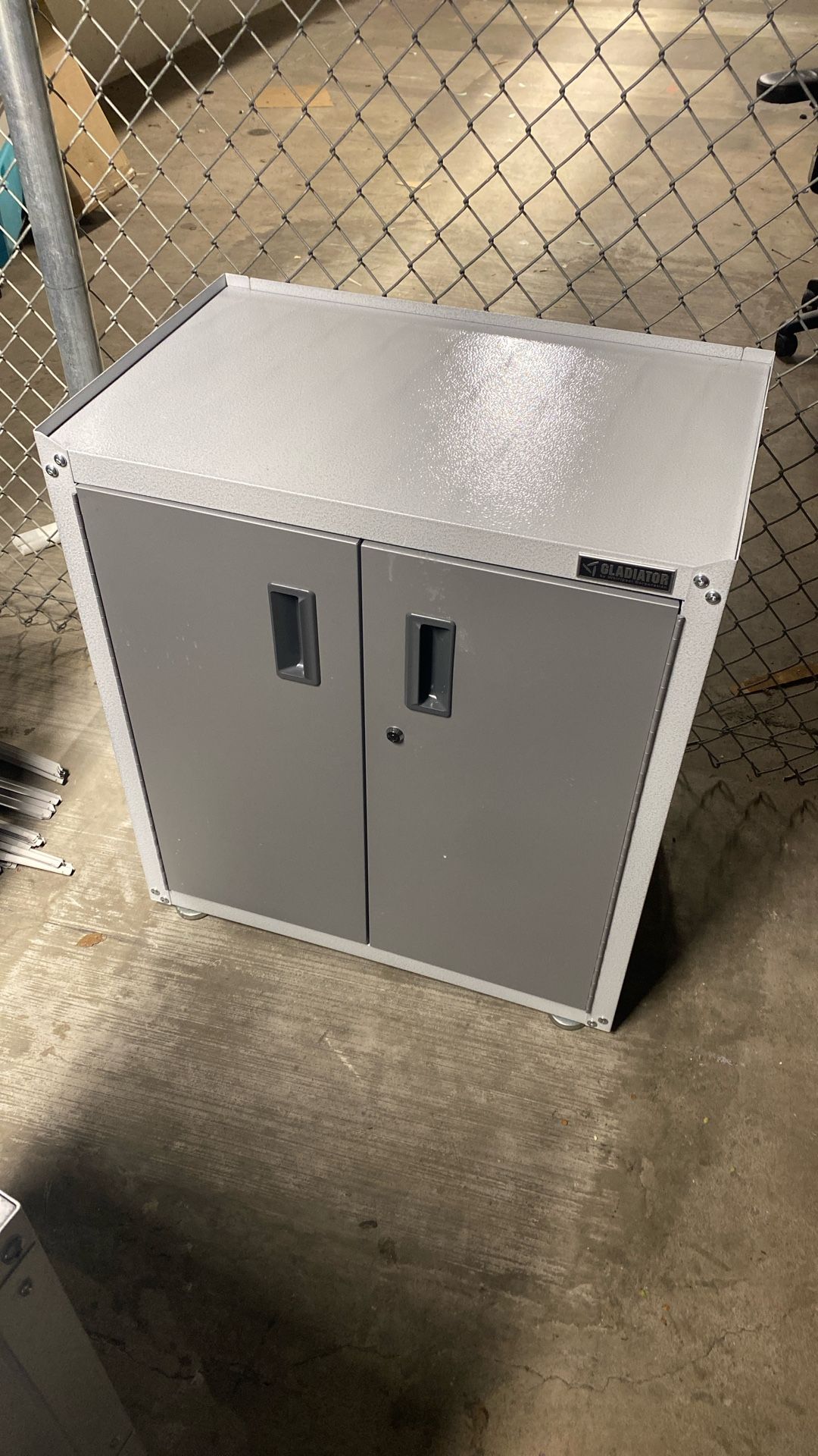 Light Gray Silver Gladiator Garage Cabinet Metal Levelers 2 Shelves