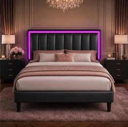 Full Size Bed Frame with RGB LED Lights, Upholstered Platform Bed Frame with Headboard, Wood Slat Support, No Box Spring Needed, Quiet Design, Easy As