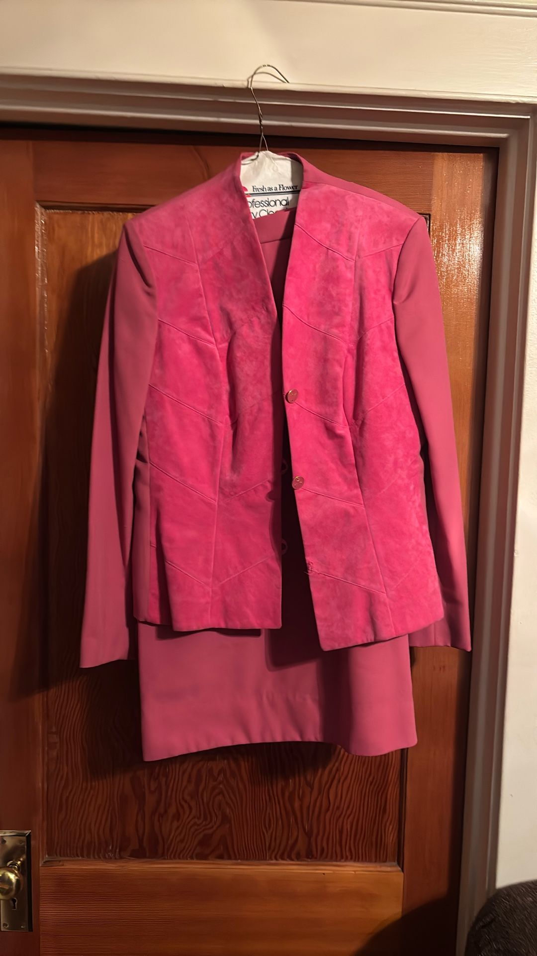 Pink Ultra Suede/Polyester 2 Piece Jacket/Skirt Suit