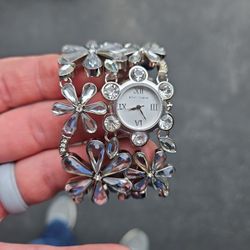 Vintage Betsey Johnson Rhinestone and Daisy Bracelet Watch Circa 1990s Festival Jewelry