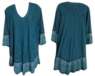 GRETTY ZUEGER BOHO Tunic Blouse Turquoise Blue V-Neck Cotton Lace Detail Sz S