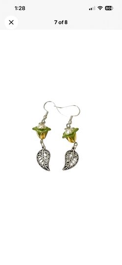 Green Flower Pearl Dangle Earrings Silver Tone Filigree Fall Leaf Boho Handmade