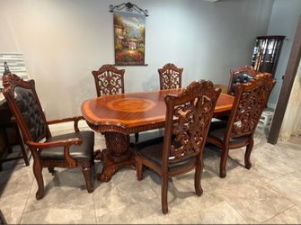 Ornate Wood Dining Table and Chair Set