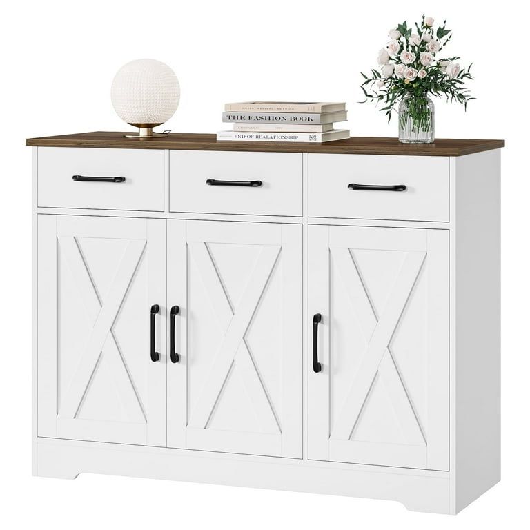 42.5'' Kitchen Buffet Sideboard Cabinet, 3 Drawers Farmhouse Coffee Bar Storage Cabinet with Adjustable Shelf, White