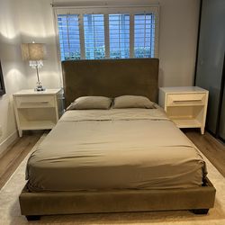 Beige, Velvet, Queen sized Bedframe